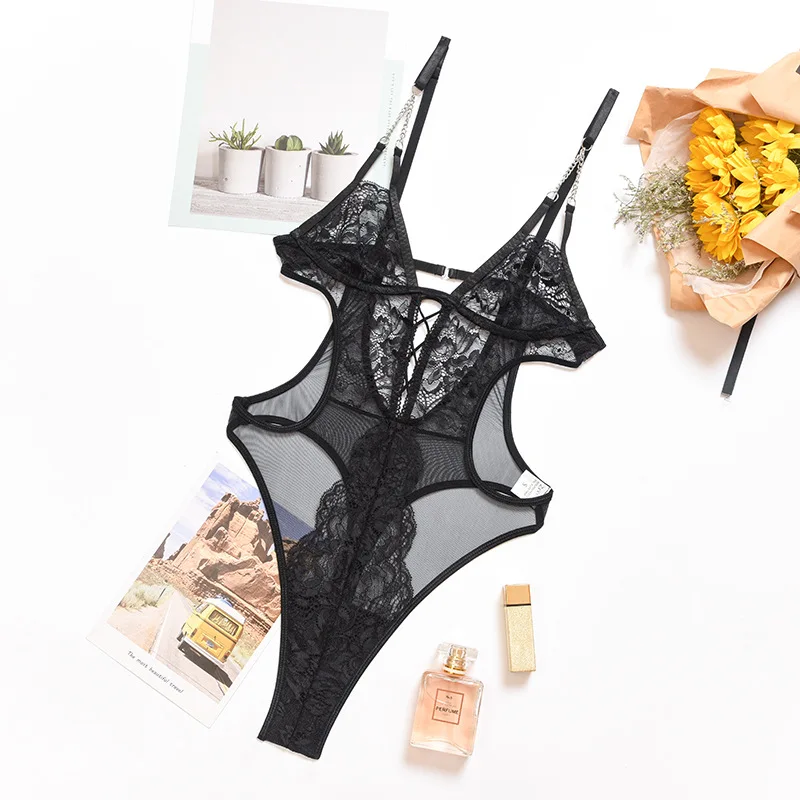 Wholesale Solid Mature Sexy Hot Sleeveless Lace Mesh Black Women Lingerie Bodysuit