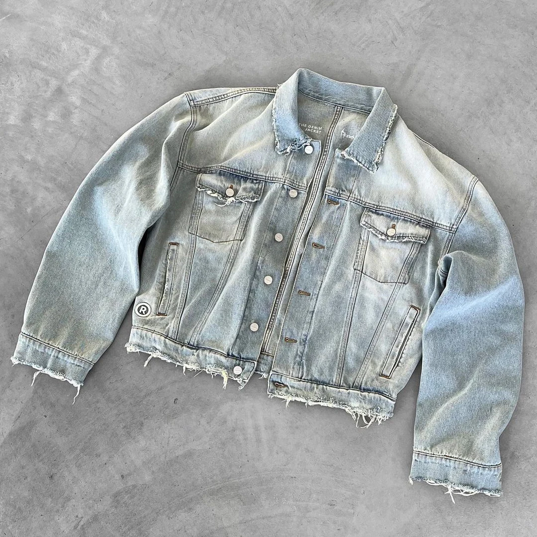 Custom Men Women Vintage Blue Washed   Frayed Hem Boyfriend Denim Jacket Wholesale Cropped Denim Jacket Unisex