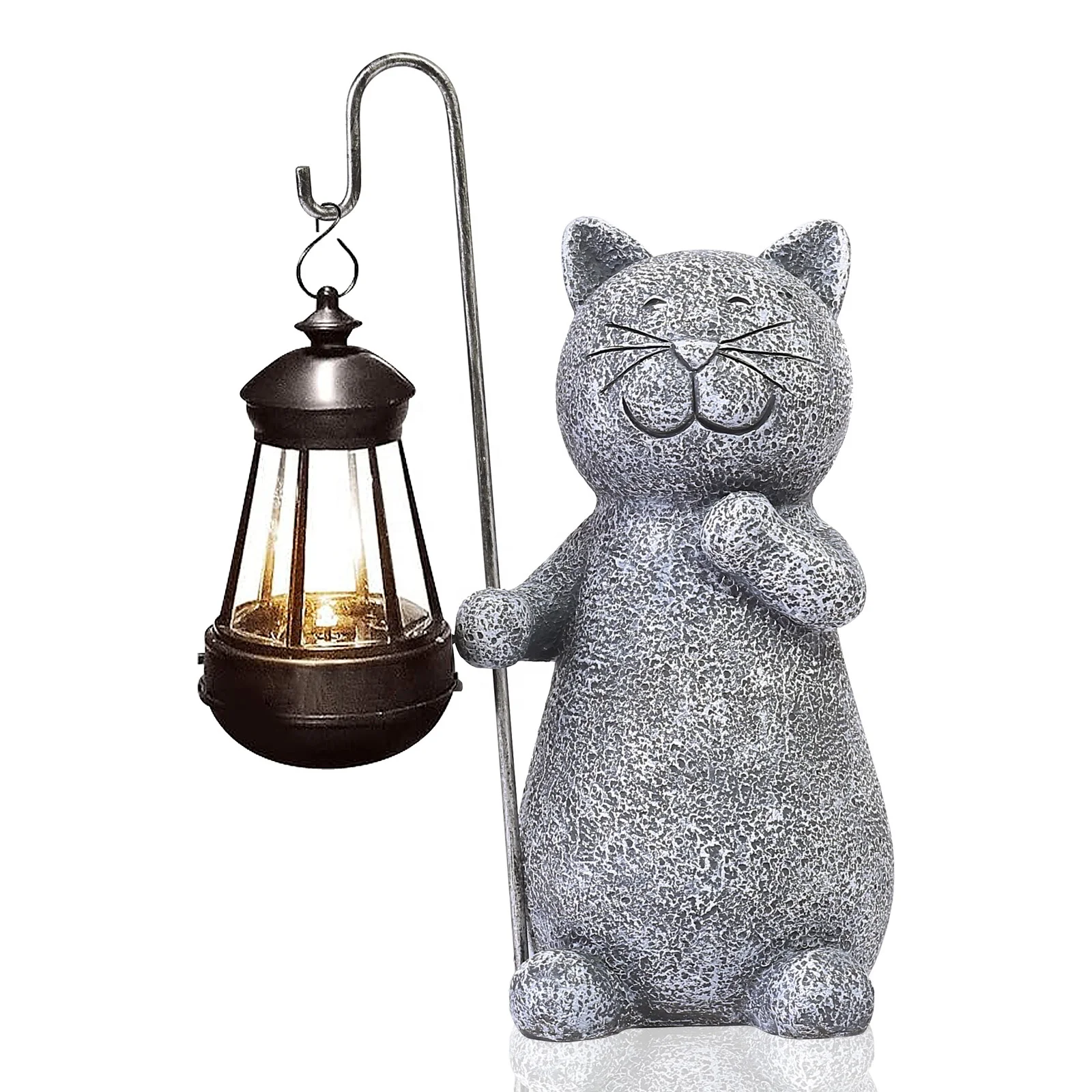 BSCI Factory Solar Garden Statue Cat Figurine with Solar Lantern for Patio,Balcony and Yard Decoration