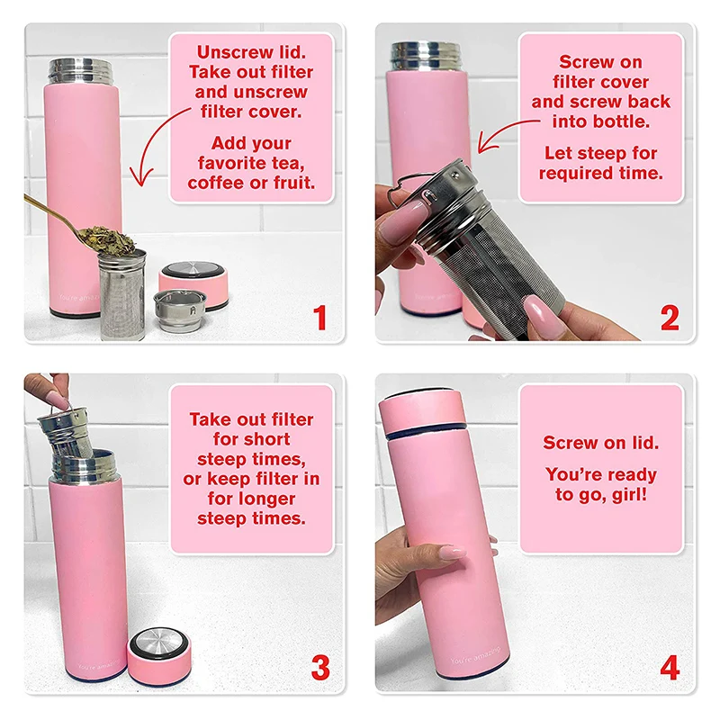 Hot Design 15oz Portable Girls Pink Skinny Infused Stainless Steel Water Bottle with Custom Logo