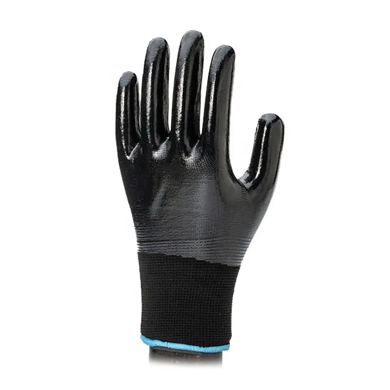Thirteen gauge white polyester fiber lined with black nitrile or latex  fulli-covered protective gloves