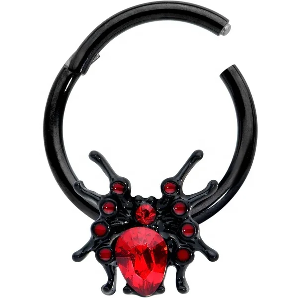 16 Gauge 3/8 Red Gem Black Spider Halloween Hinged Segment Ring Septum Clicker Cartilage Tragus Helix Piercing Earrings