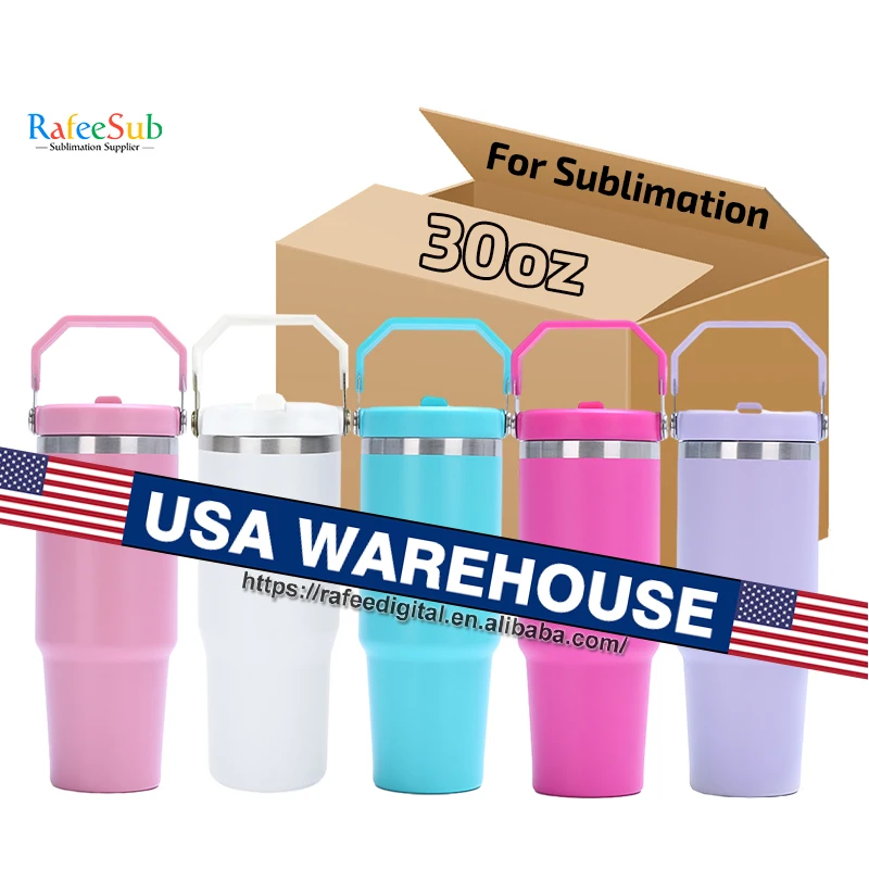 30oz 30 oz Hot and Cold Vacuum Insulated Stainless Steel White Blank Sublimation Tumbler Cup with Top Handle and Straw Screw Lid