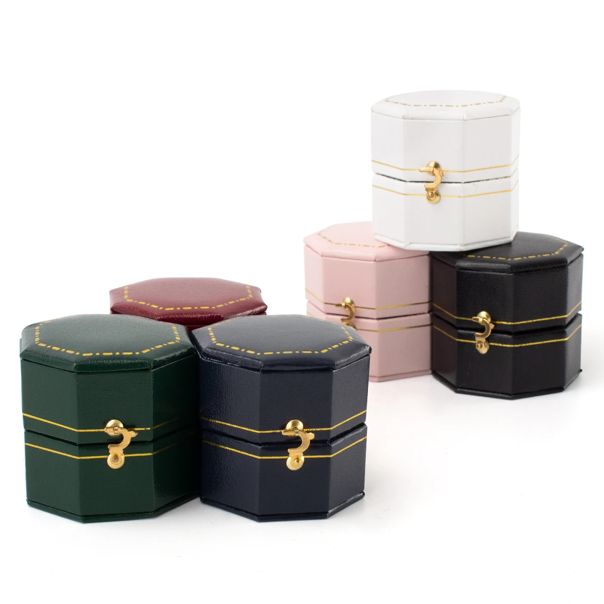Custom Romantic Sweet Luxury Small PU  Engagement gift packaging JEWELRI BOX Jewelry Box Octagonal  Ring Box Six Colors