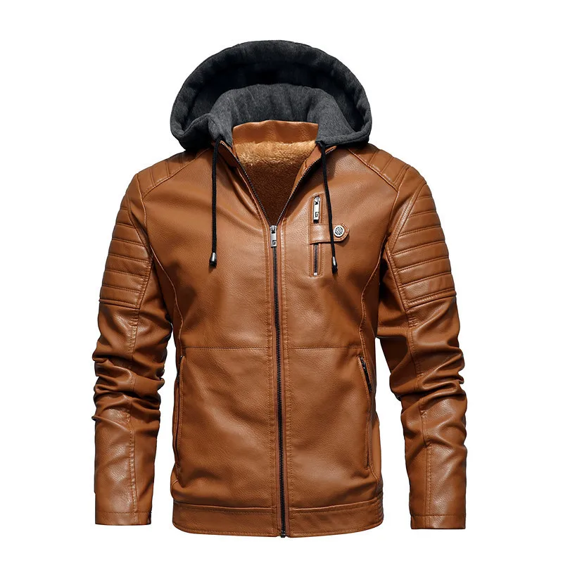 Sidiou Group Outdoor Biker Warm Coats Winter Fleece Inside Leather Jackets With Hooded Plus Velvet PU Leather Motorbike Jackets