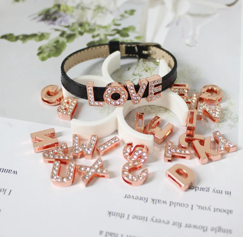 Luxury cheaper wholesale zinc alloy rose gold plated rhinestone 8mm slide charm bracelets