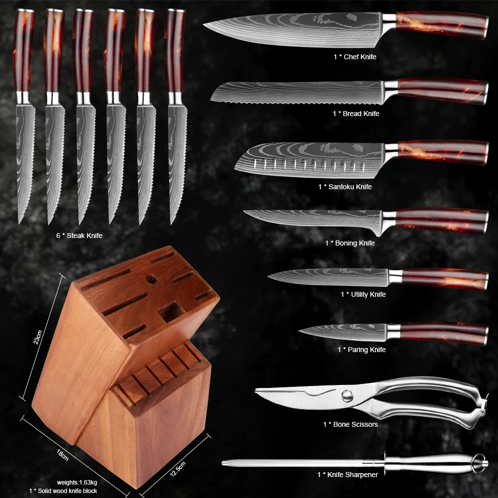 Knife Set 15-Piece Kitchen Knife Set With Wooden Block Laser Damascus Pattern Steel Pro Chef Knife With Scissor Sharpening Rod