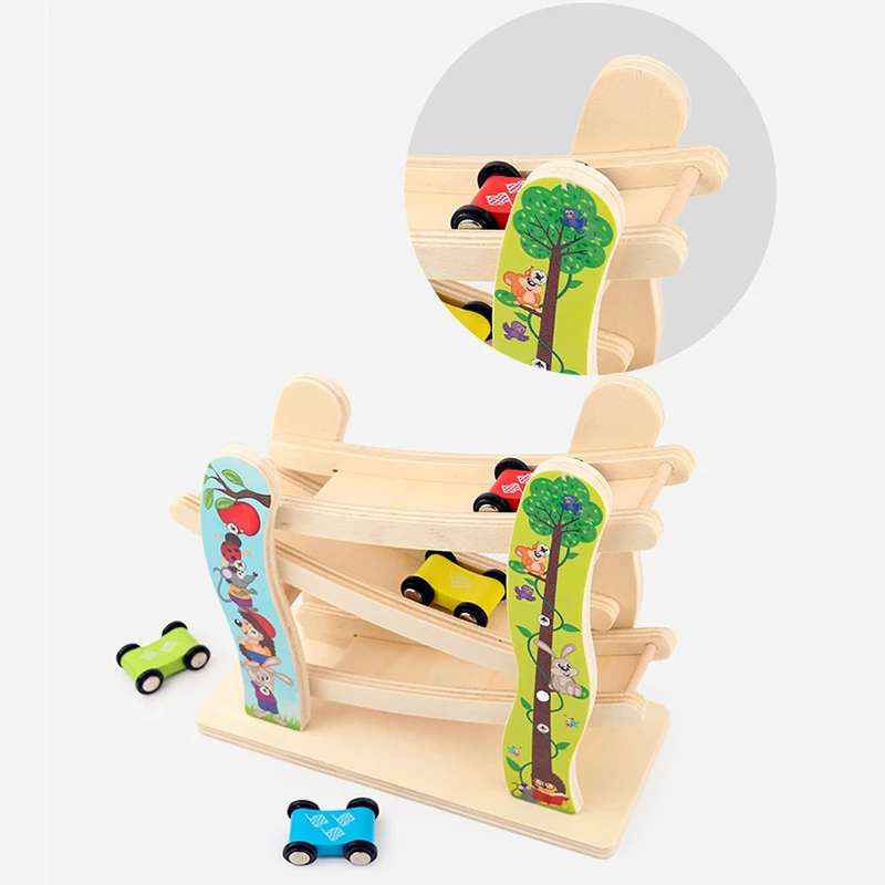 wooden race track car ramp racer with 4 mini cars