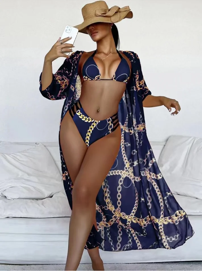 2022 summer new fashion printed ladies cloak + bikini split swimsuit three-piece beach bikini