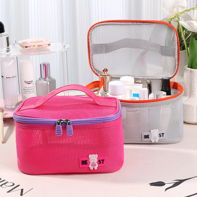 custom logo mesh cosmetic  organizer bag large capacity mesh makeup bag with zipper