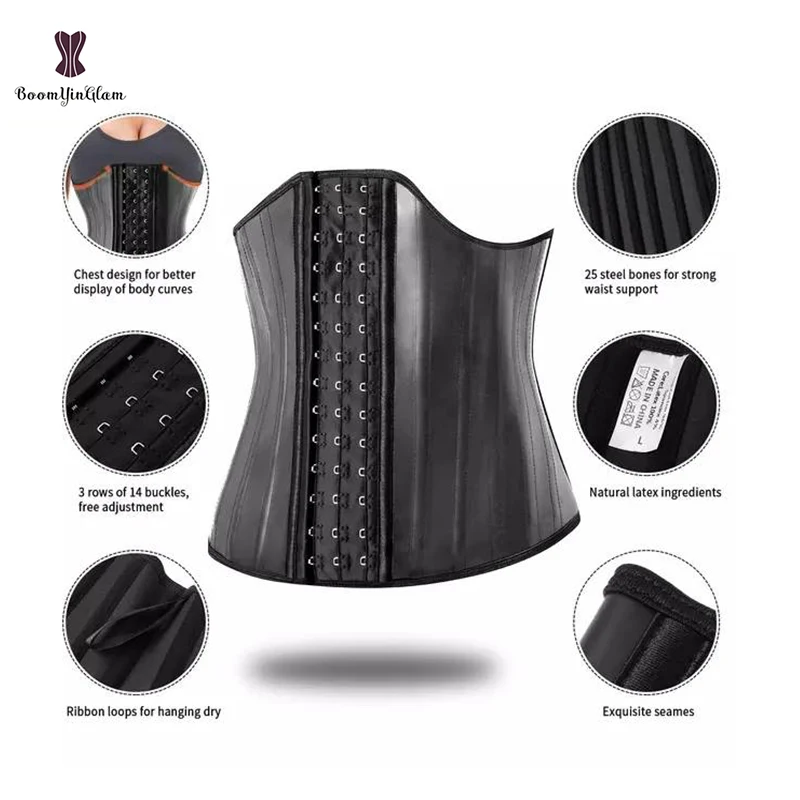 3 Rows Of 14 Bucks U Shape Corset 25 Steel Bones Slimming Belt Leather Latex Rubber Waist Trainer For Women