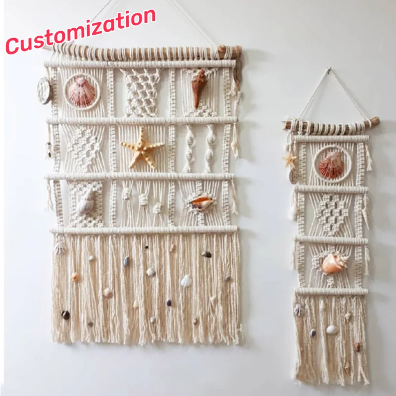 Best supplier eco-friendly home decor macrame Shells feathers wall hanging macrame tassels hanging shelves boho wall decor