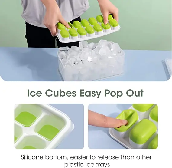 Stackable Ice Trays with Covers Ice Cube Trays 4 Pack Easy Release Silicone 14 Ice Cube Trays with Spill Resistant Removable Lid