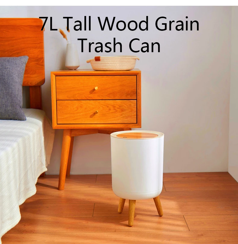 7L Japanese Style Trash Can with Lid Wood Grain Kitchen Simple Office Sanitary Bucket Press Type Toilet Trash Can