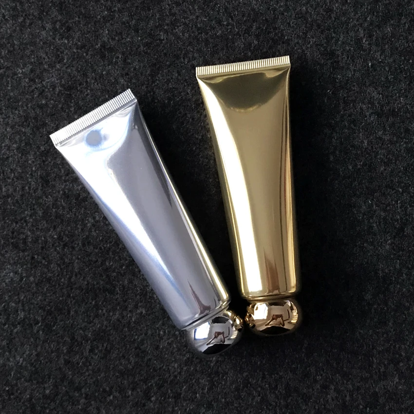 luxury high quality 50ml 100ml shiny soft aluminum plastic tube silver/gold aluminum cream soft tube serum bottle with flip lid