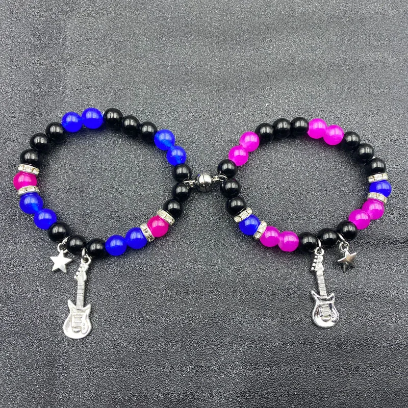 Finetoo Fashion Glass Beaded Love Heart Magnetic Couple Bracelet Elastic Guitar Star Pendant Bracelet for Women Men