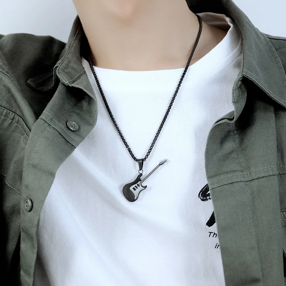 Personality trend European and American hip hop stainless steel street classic hip male guitar titanium steel necklace