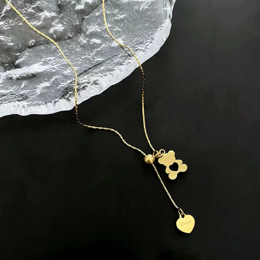 Золотая нержавеющая сталь 18K Рисование тип регулируемый медведь любовь кулон ожерелье