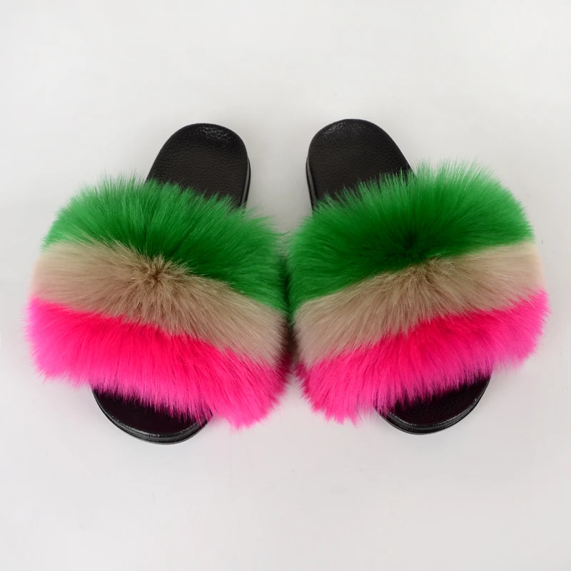 2021 Fashion style Summer Adult Child Mommy and baby Fur Slides Multi-color Furry rainbow Slippers