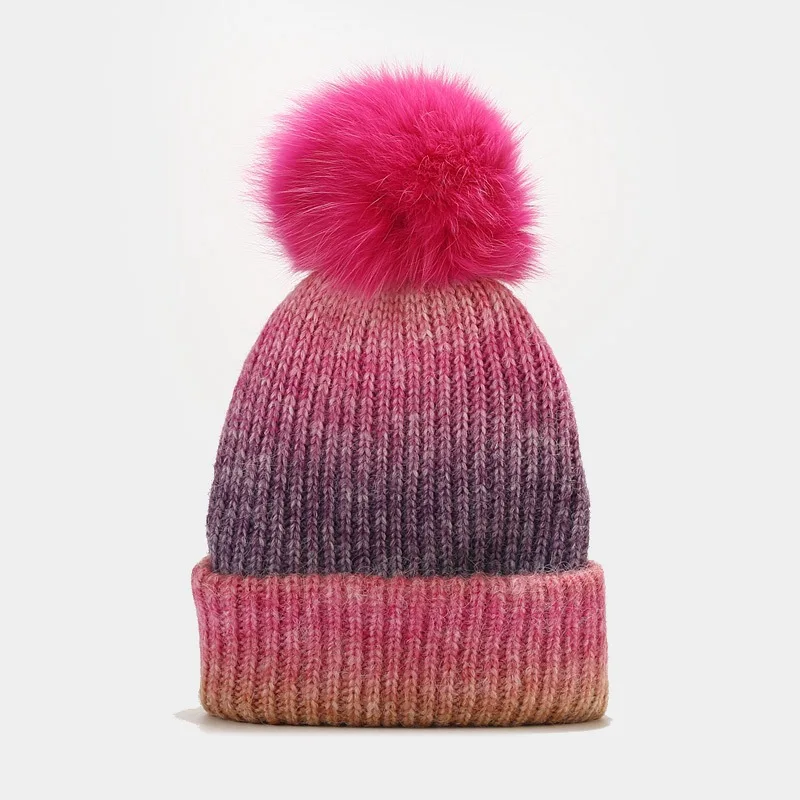 Manufacturers Custom Jacquard Knit Mohair Winter Pom Beanie Hat with Faux Pompom for Women