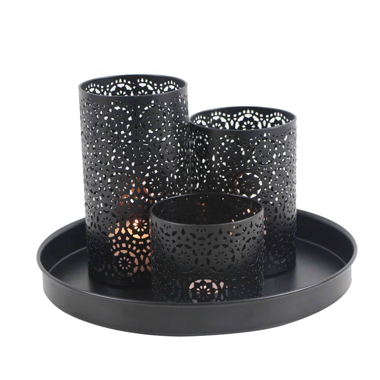 New Set of 3 Matt black Tabletop hollow out flower pattern pilliar candle holder with plate (60827165209)