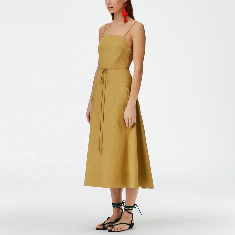 New Linen Sexy Backless Wrap and Tie Dress Women Korean Dress Bodycon Summer Casual Dresses Natural OEM Service Woven Midi