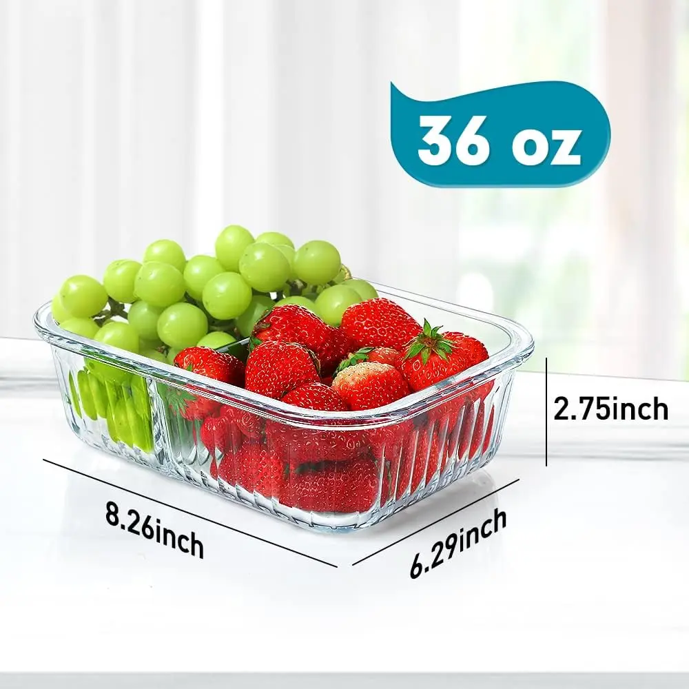 Glass Meal Prep Containers 2 Compartments, 5 Packs 36 oz, Airtight Glass Lunch Bento Box Glass Food Storage Containers