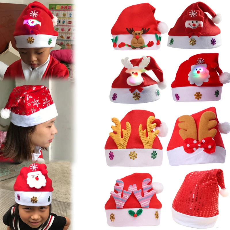 Cartoon Christmas Hat Santa Claus/Elk/Snowman Xmas Cap With LED Light For Adult Kids Cap