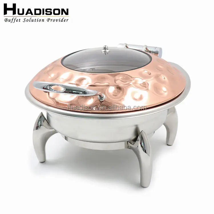 Huadison Wedding Banquet Equipment Round Stainless Steel Food Heating Rose Gold Chaffing Dish With Stainless Steel Base
