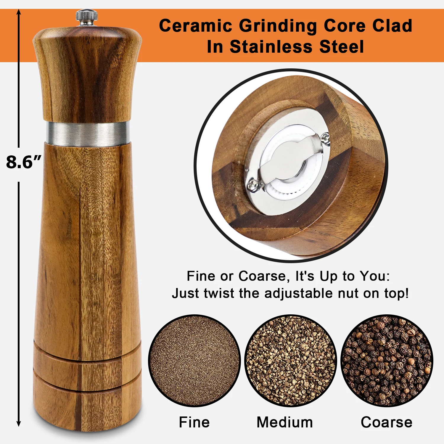 8 Inches Salt Shakers Manual Wooden Salt And Pepper Mills Salt And Pepper Grinder With Adjustable Ceramic Core