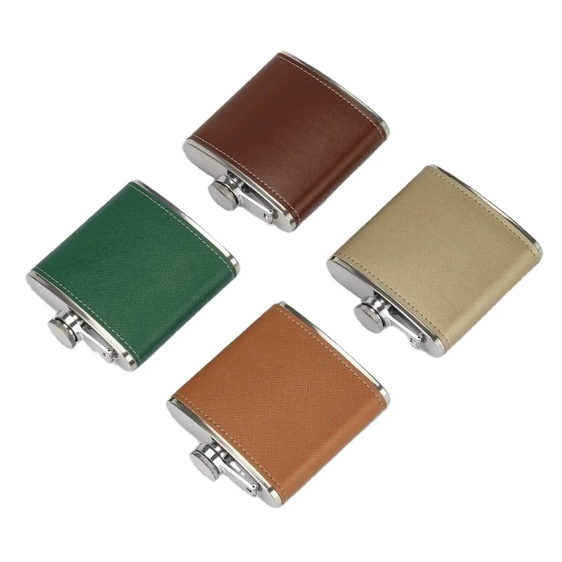 6oz Mini PU Leather Wrapped Metal Whisky Flagon Gloss Stainless Steel Alcohol Funnel for Vodka Liquor and Russian Wine Decanter