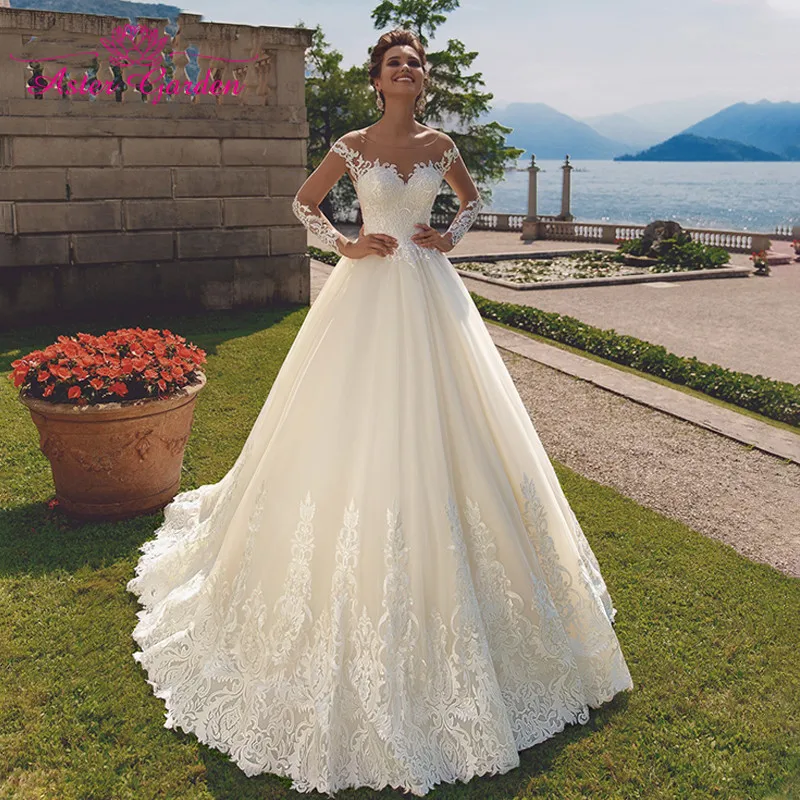Aster garden Illusion A-Line Wedding Dress Invisible Neckline Long Sleeve Bridal Dresses Court Train Elegant Princess Bride Gown