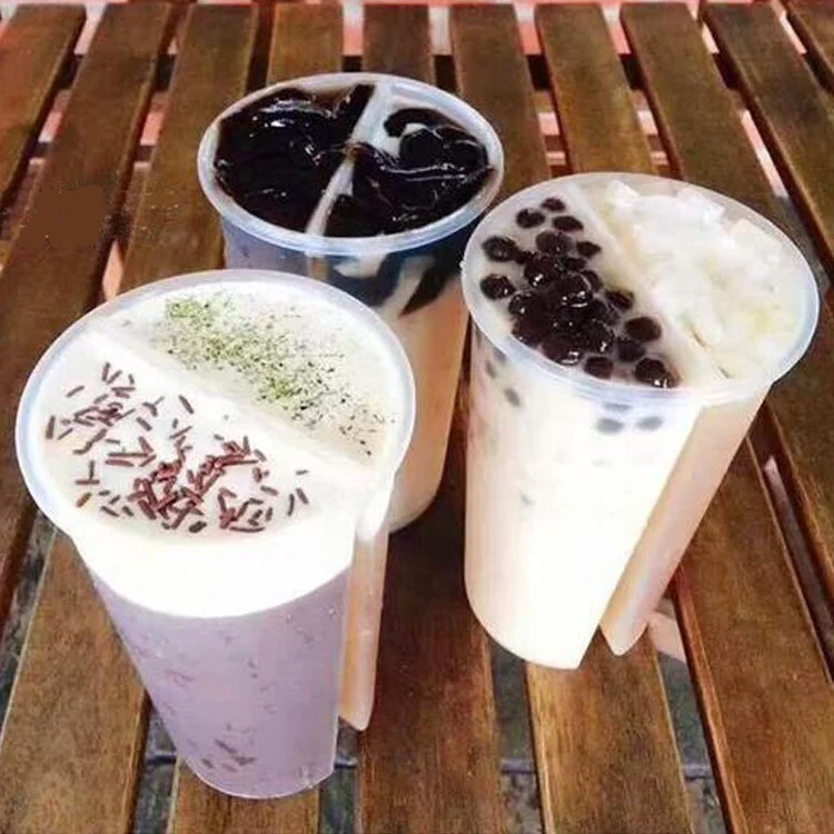 Twins Share Cups 700ml 2 Compartment Juice Boba Tea Bubble Tea Double Shared 2 Compartment Juice Cup With Lid Custom Logo