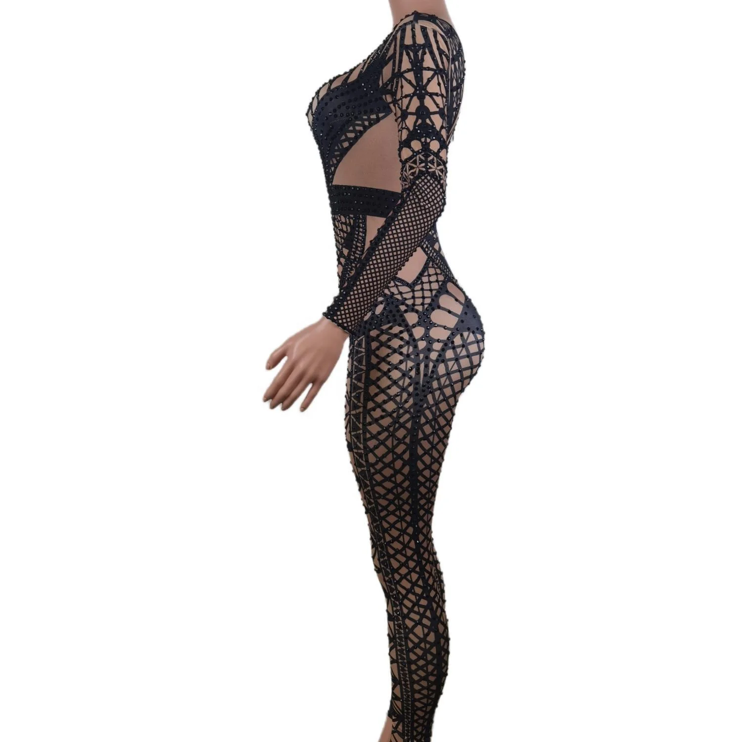 Sexy Long Sleeves Stretch Rompers Club Party Showgirl Pole Dance Leotard Female One Piece Bodysuit Women Rhinestone Jumpsuit