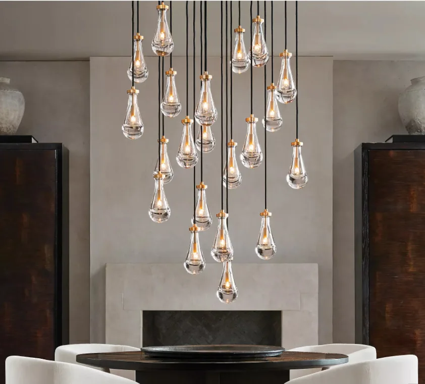 Modern Staircase Glass Pendant Water Drop Light LED Crystal Raindrop Chandelier For Long Lamp