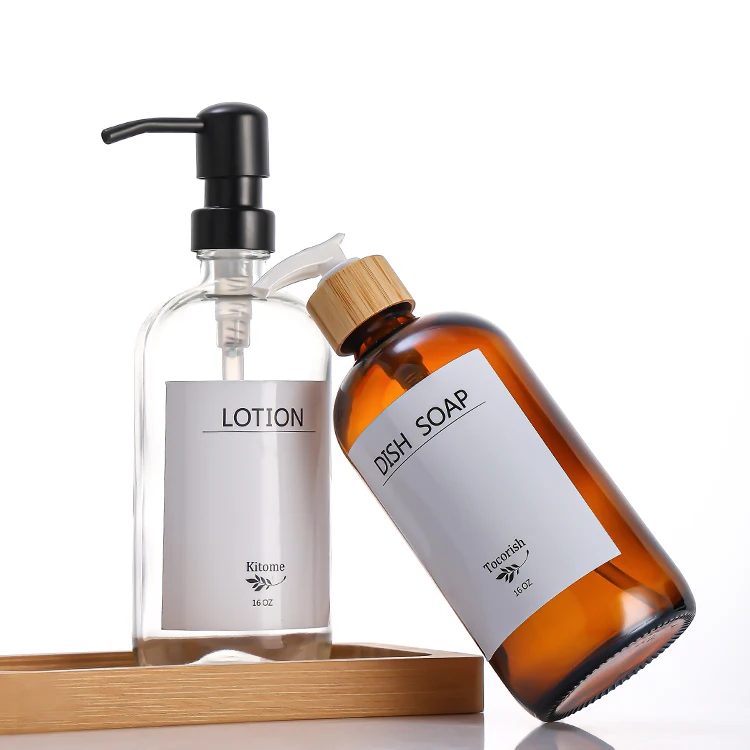 Wholesale 500ml Hand Lotion Soap Dispenser Glass Bottle Bathroom Accessory Set with Bamboo Pumps Tray