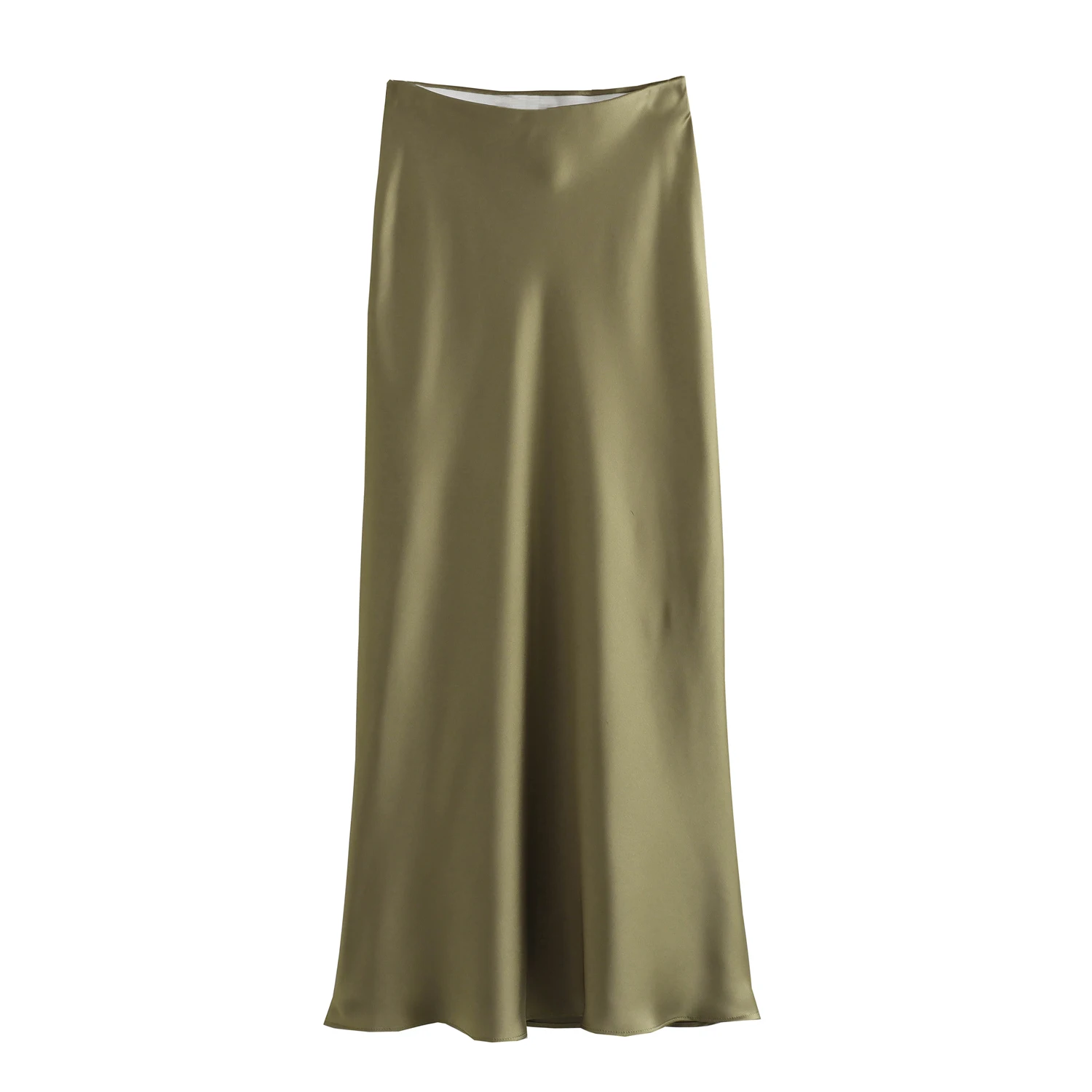 Zipper fly green color silky casual fashion long satin skirt for women