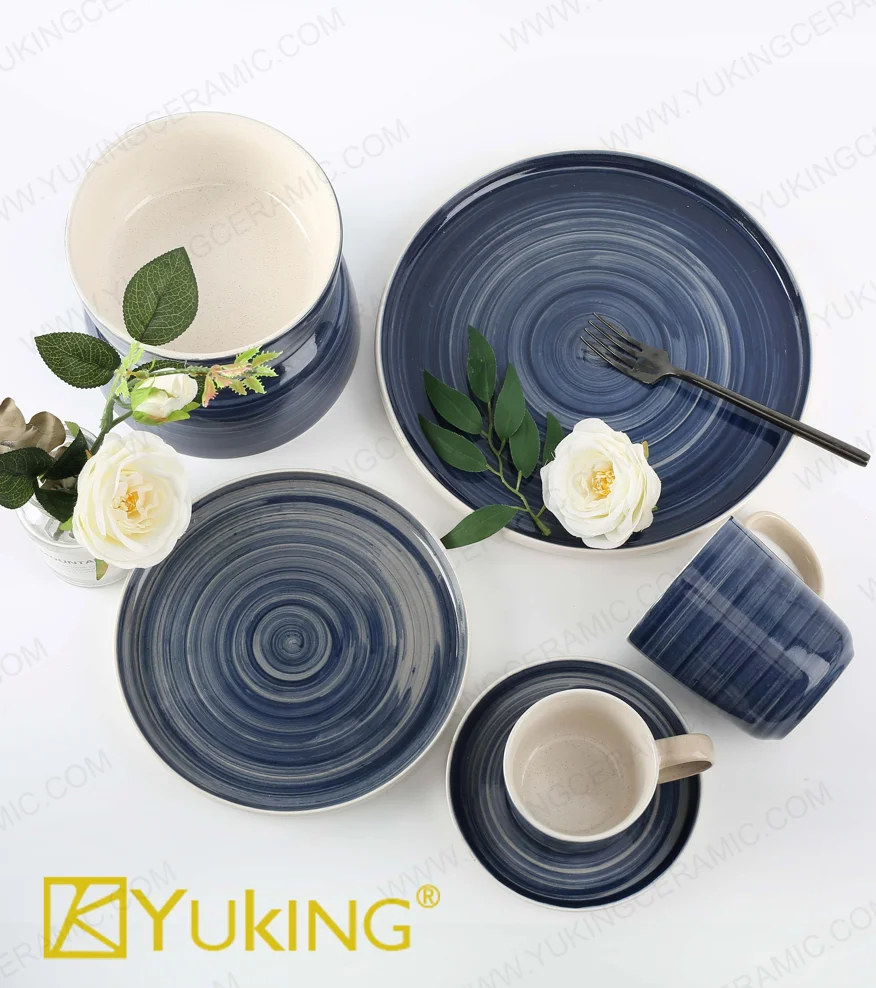 China New Bone China Stoneware Night Blue Fabe Color Glaze Tableware Simple Dinner Plate Set 16 Piece Set