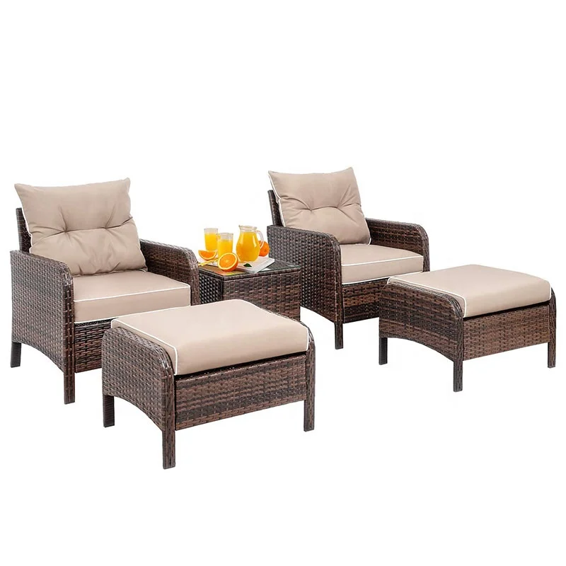 Outdoor Furniture 5 Pieces Set,All Weather PE Wicker Rattan Patio Conversation Set with Cushioned Patio Chairs, Ottoman Set