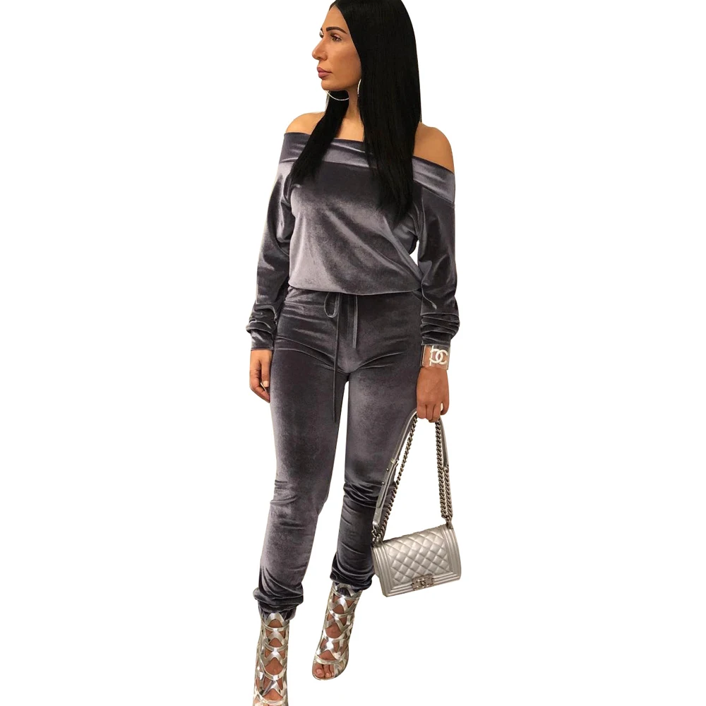 
YHH5055 off the shoulder hoodies and long trousers ladies two piece set women western velvet pant suit 