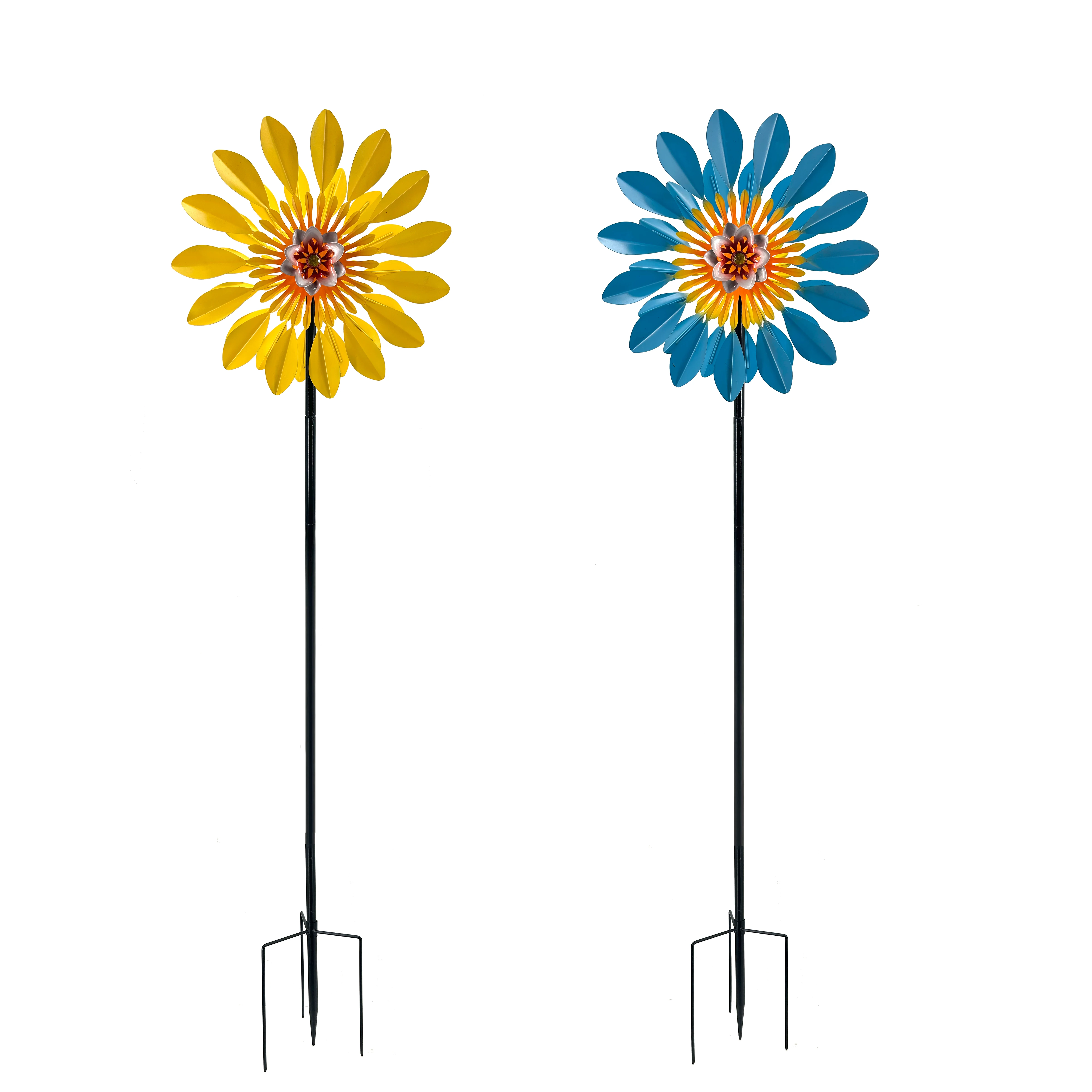 Waterproof Metal Colorful Flower Wind Spinner Stake Decor Garden Double Windmill Stake for Garden Decor