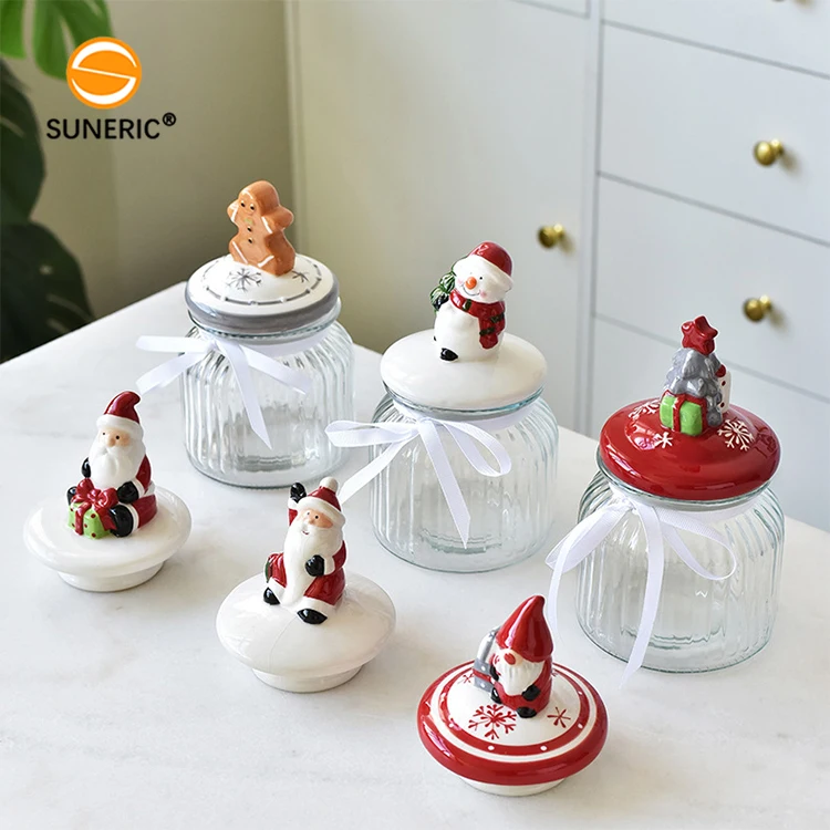 Kitchen food biscuit candy storage container santa glass Christmas cookie jar with ceramic lid