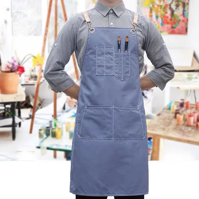 Double sides apron pink aprons adults cotton leather straps blank aprons with pockets