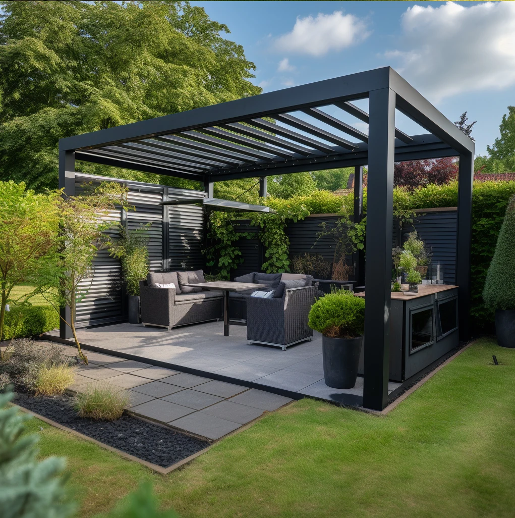 bioclimatic aluminum outdoor pergola 4x6m 6x7 10 square meters terace with blinds and sliding glass door