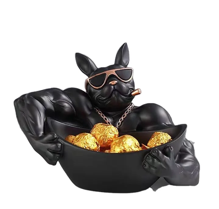 2024 NEW POLYRESIN MUSCLE FRENCH BULLDOG HOLDING HOUSE TABLETOP DECORATIVE CANDY BOWL BOX HOLIDAY GIVEAWAY GIFT SCULPTURE TOY
