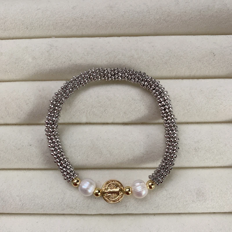 Faith SAN Benito Charm Bracelet Gold Plated Brass Freshwater Pearl Zircon Heart Bead Blessed Adjustable Bracelet Jewelry