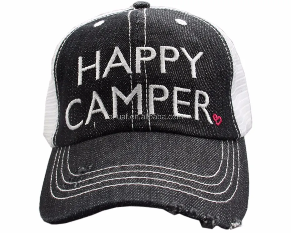 6 panel cotton denim and mesh embroidery distressed washed camper camping cap snap back hat
