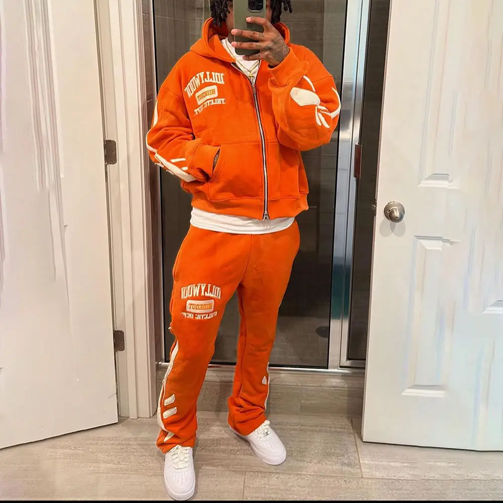 Streetwear Custom Acid Washed Vintage Tracksuit Men Streetwear Distressed Patchwork Hoodie And Sweatpants Set Sweatsuit