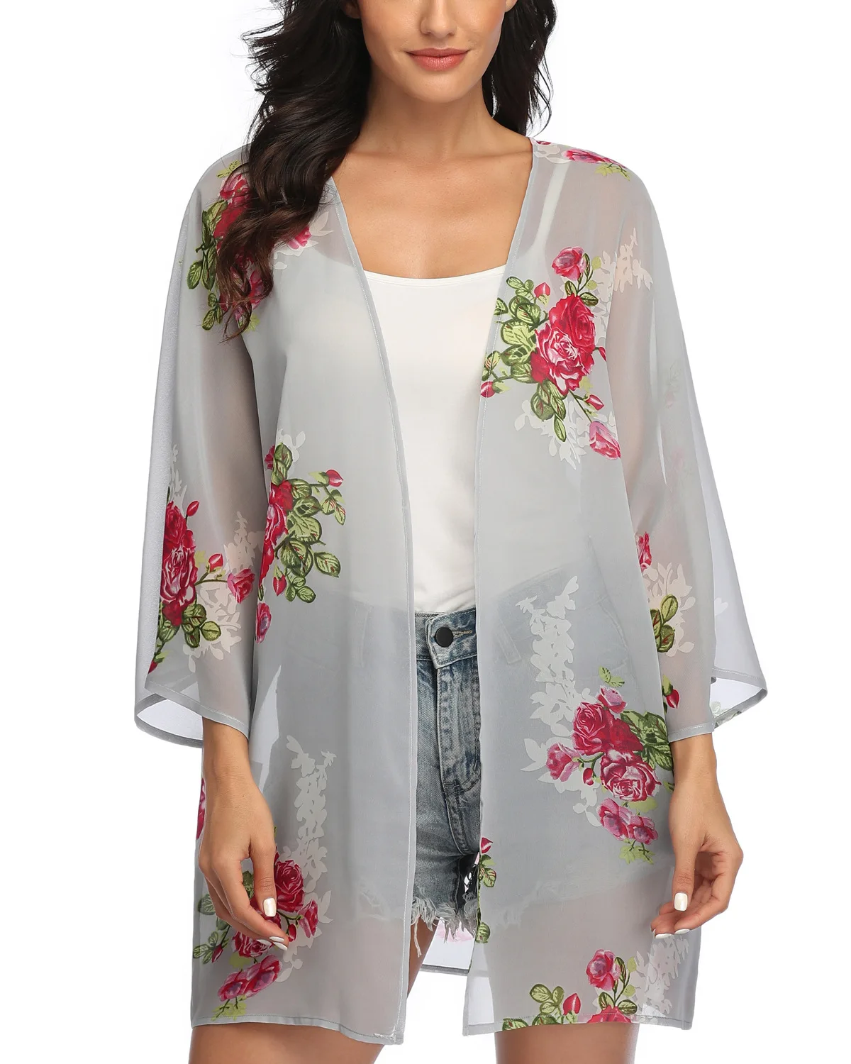 Women Plus Size Floral Chiffon Silk Cardigan Beachwear Coverup Kimono Stain Cardigan Ladies