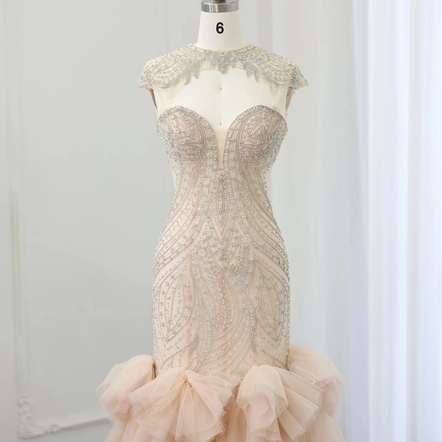 Dubai Luxury Champagne Crystal Mermaid Evening Dress